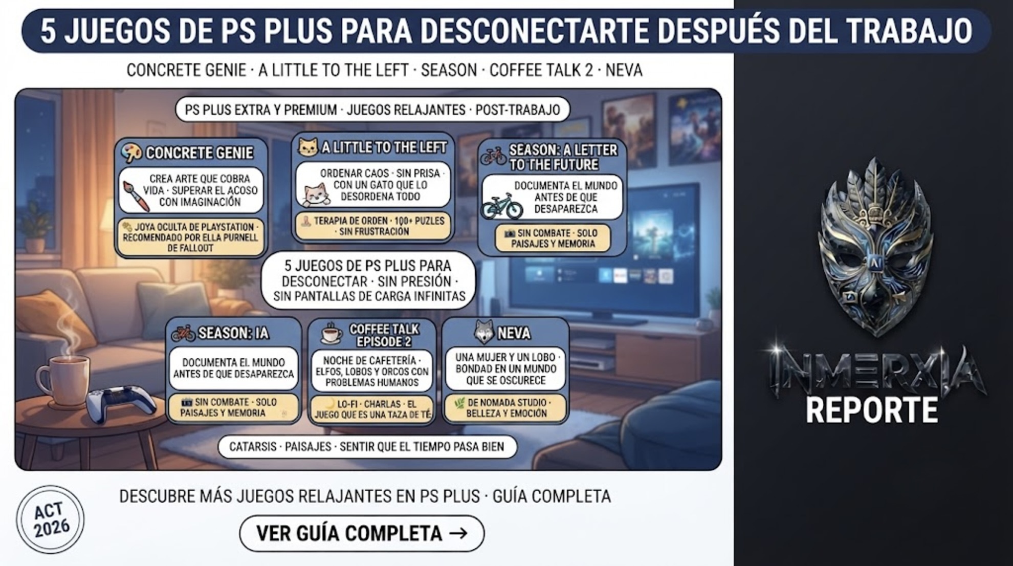 5 juegos de PS Plus para desconectar después del trabajo: Concrete Genie, A Little to the Left, Season: A Letter to the Future, Coffee Talk Episode 2 y Neva. Juegos relajantes para PS5 y PS4.