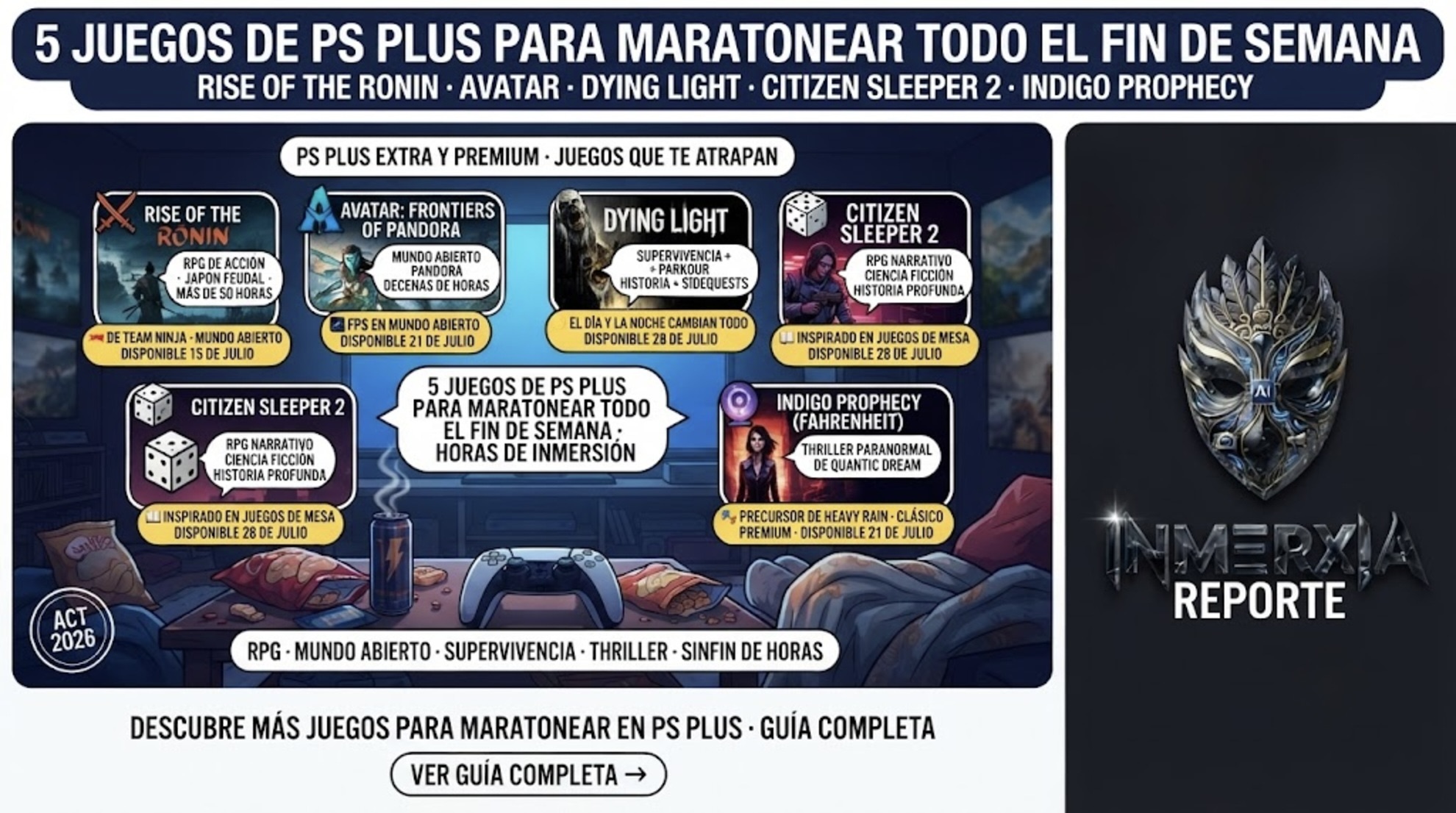 5 juegos de PS Plus para maratonear todo el fin de semana: Rise of the Ronin, Avatar: Frontiers of Pandora, Dying Light, Citizen Sleeper 2 y Fahrenheit. Disponibles en Extra y Premium.