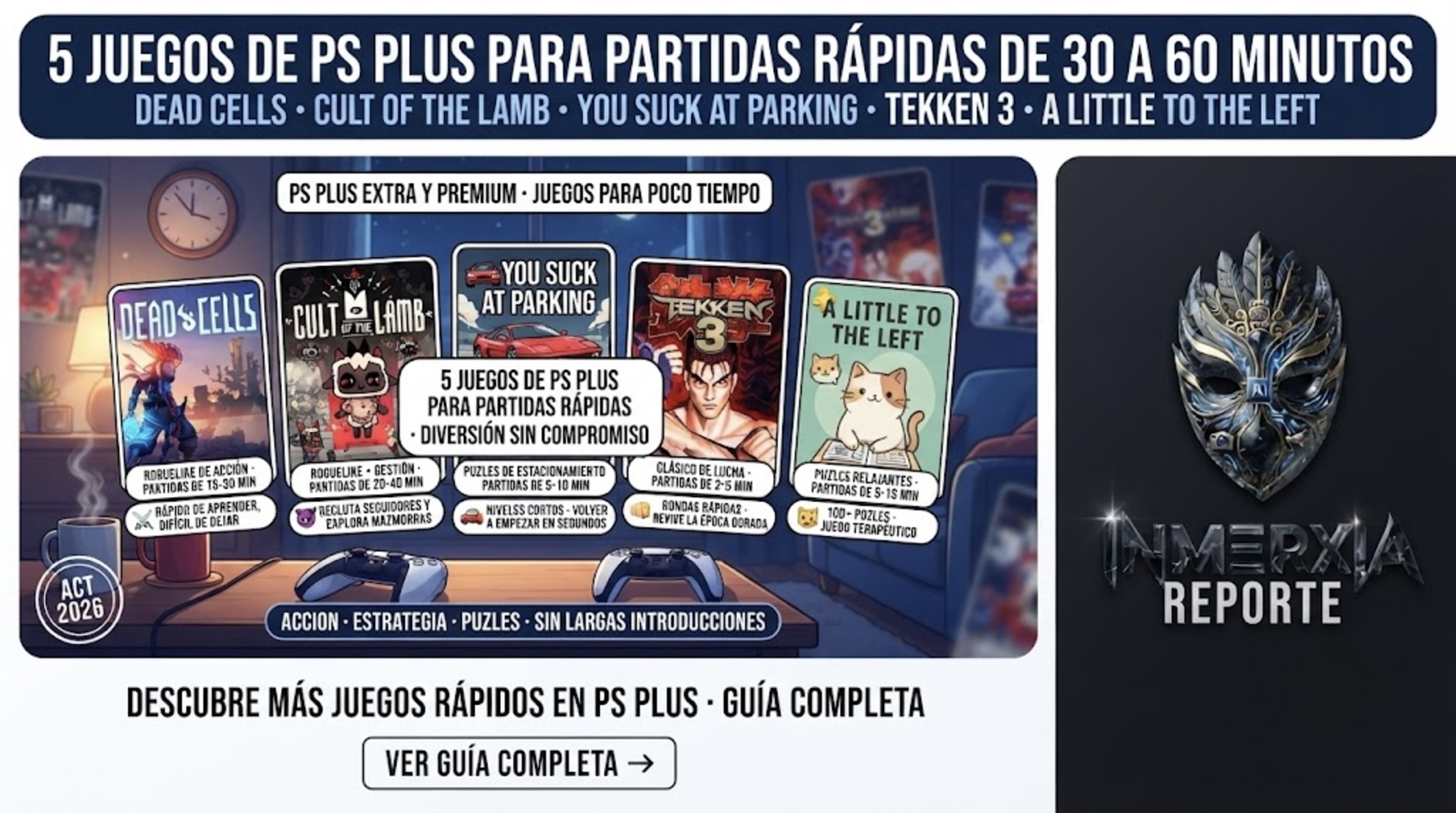 5 juegos de PS Plus para partidas rápidas de 30 a 60 minutos: Dead Cells, Cult of the Lamb, You Suck At Parking, Tekken 3 y A Little to the Left. Disponibles en Extra y Premium.