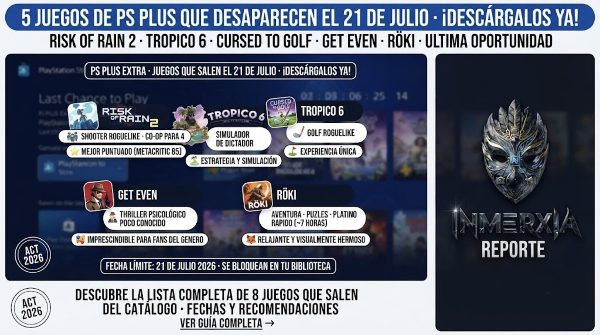 5 juegos de PS Plus que se acaban el 21 de julio 2026: Risk of Rain 2, Tropico 6, Cursed to Golf, Get Even y Röki. Descárgalos antes de que desaparezcan del catálogo.