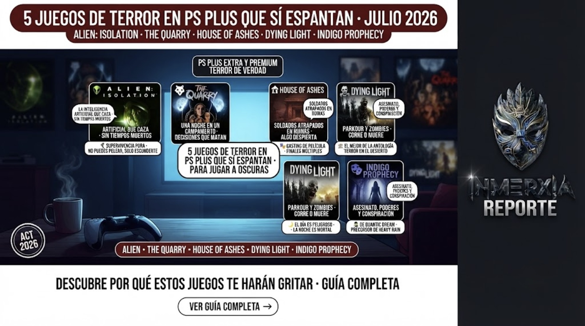 5 juegos de terror en PS Plus para jugar a oscuras: Alien: Isolation, The Quarry, House of Ashes, Dying Light e Indigo Prophecy. Disponibles en Extra y Premium.