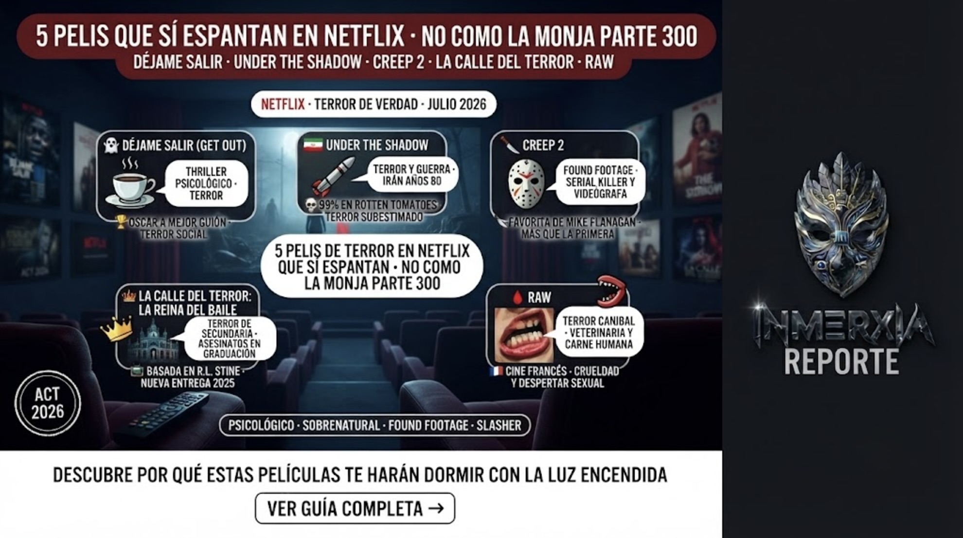5 películas de terror en Netflix que sí espantan: Déjame salir, Under the Shadow, Creep 2, La calle del terror: La reina del baile y Raw. Disponibles en el catálogo.