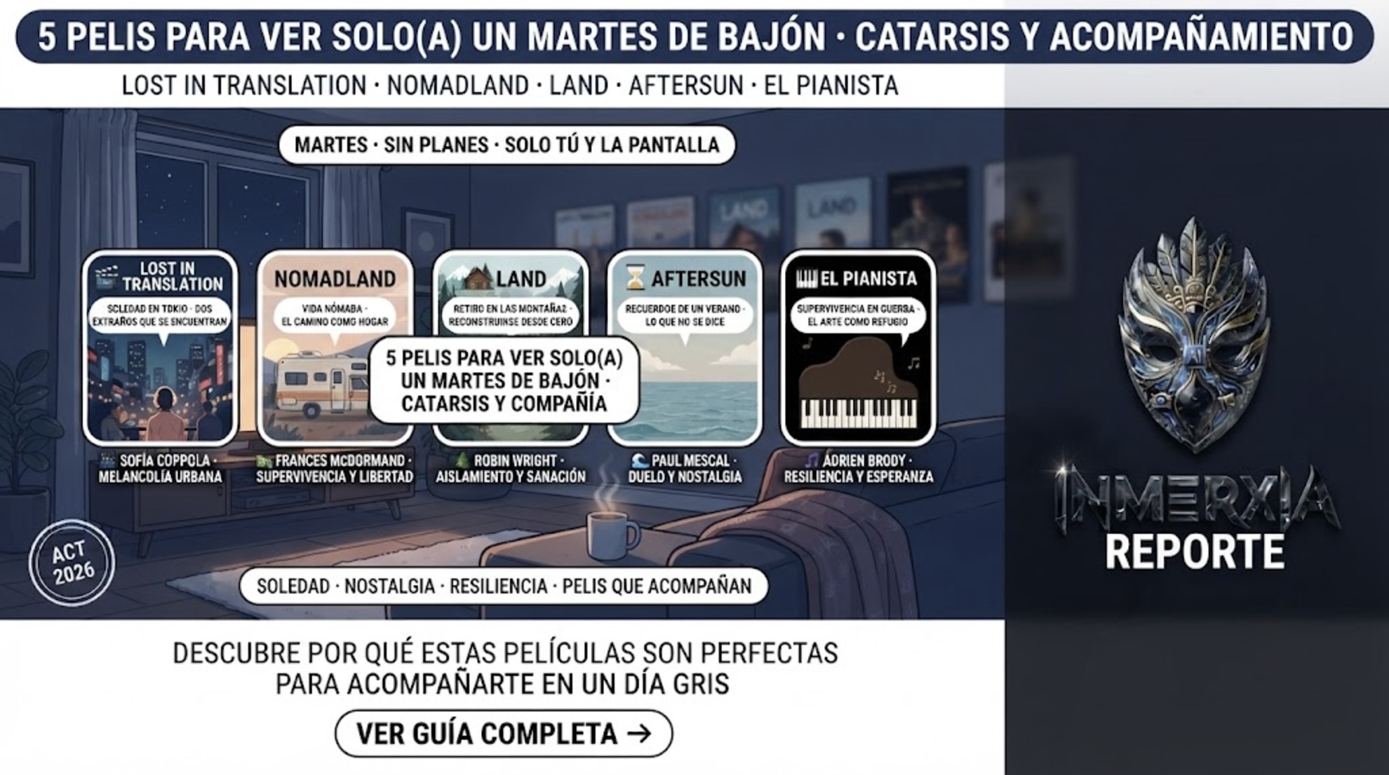 5 películas para ver solo un martes de bajón: Lost in Translation, Nomadland, Land, Aftersun y El pianista. Catarsis, soledad y resiliencia en la pantalla.