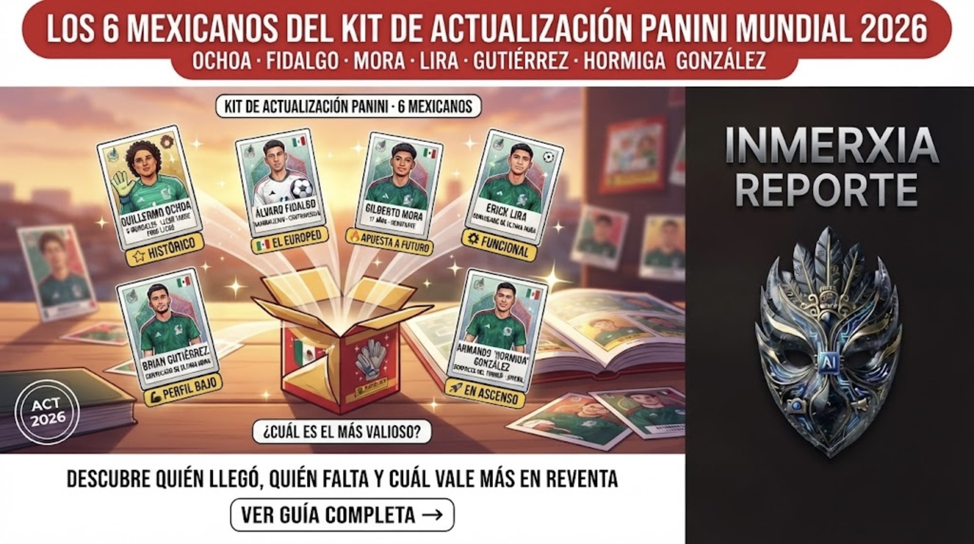 Los 6 mexicanos del kit de actualización Panini Mundial 2026: Guillermo Ochoa, Álvaro Fidalgo, Gilberto Mora, Erick Lira, Brian Gutiérrez y Armando Hormiga González.