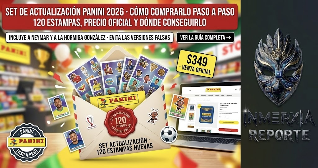 Sobre gigante del Set de Actualización Panini Mundial 2026 con 6 hojas de estampas volando. Incluye a Neymar y a Armando "Hormiga" González. Texto destacado: precio oficial $349 pesos, venta en tienda oficial Panini. Instrucciones paso a paso para comprarlo y cómo evitar falsificaciones.