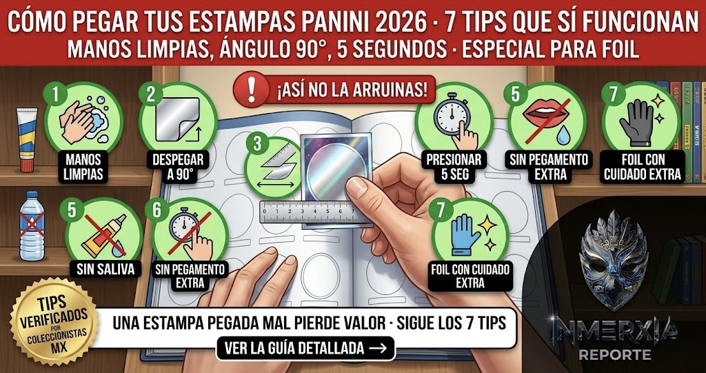 Tutorial visual con 7 pasos para pegar estampas Panini: manos limpias, despegar a 90°, alinear antes de tocar, presionar 5 segundos, sin saliva, sin pegamento extra, cuidado con las foil. Mano aplicando una estampa foil sobre álbum abierto.