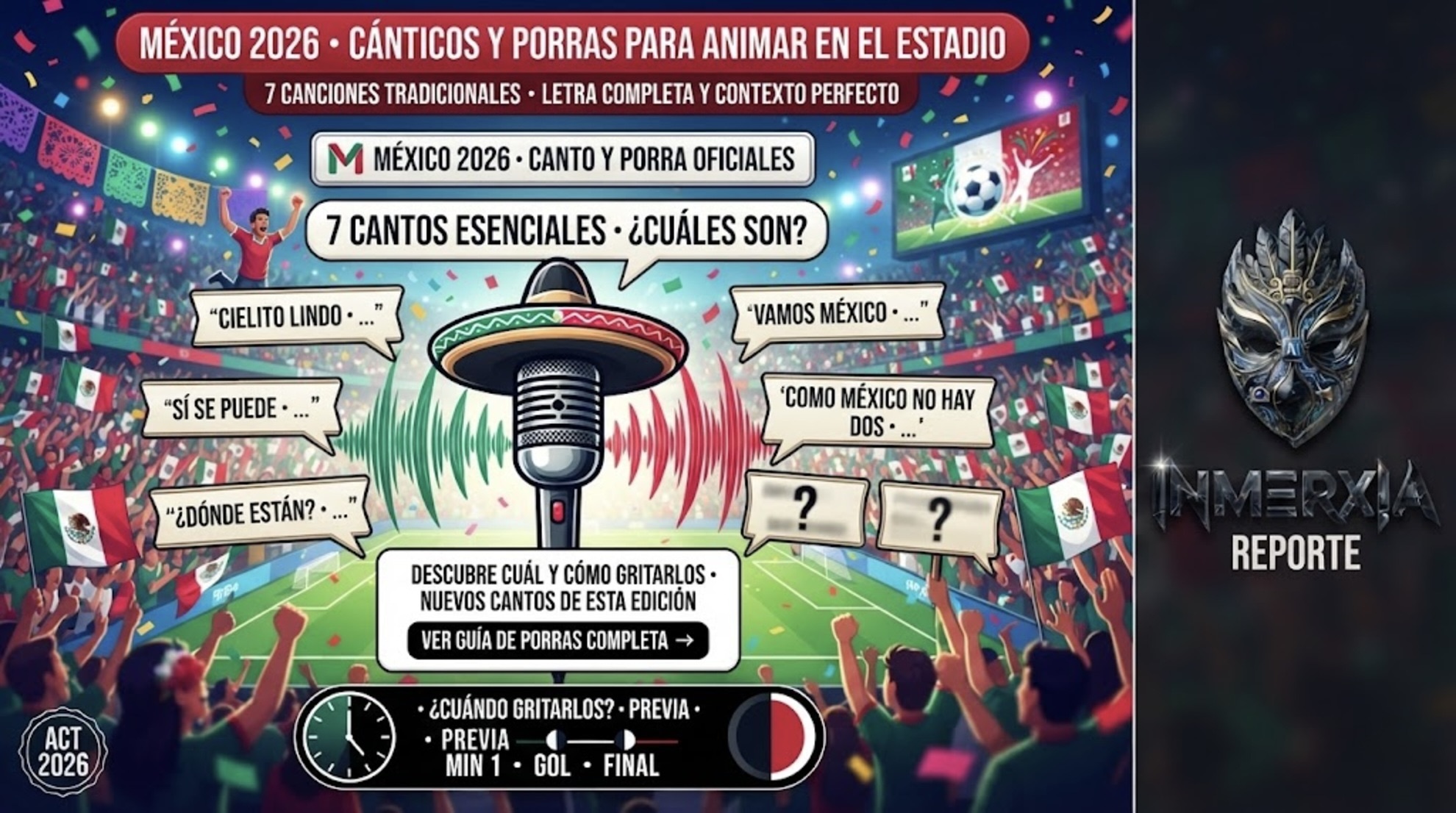 7 cantos esenciales de la afición mexicana en el Mundial 2026 · Cielito Lindo, Sí se puede, Dónde están, Vamos México, Como México no hay dos. Cuándo y cómo gritarlos.