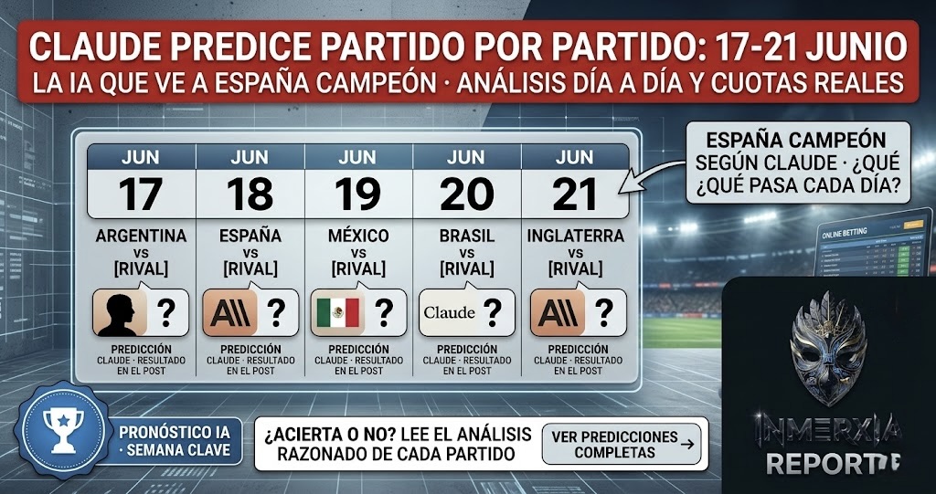 Calendario de predicciones de Claude IA para partidos del Mundial 2026 entre el 17 y 21 de junio. Cada día muestra un partido clave (Argentina, España, México, Brasil, Inglaterra) con un globo de predicción oculta (signo de interrogación). Título: "Claude predice partido por partido". Invita a leer el análisis completo dentro del post.