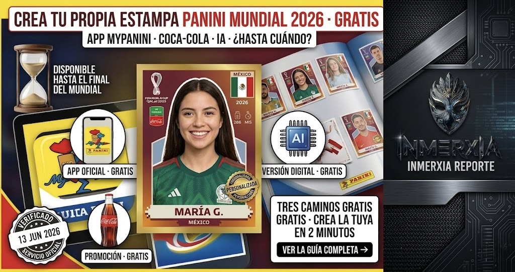 Estampa Panini personalizada con foto, nombre y bandera de México rodeada de iconos de la app MyPanini, Coca-Cola y una versión por IA. Título sobre creación gratuita y disponibilidad. Fondo con álbum lleno de estampas personalizadas.