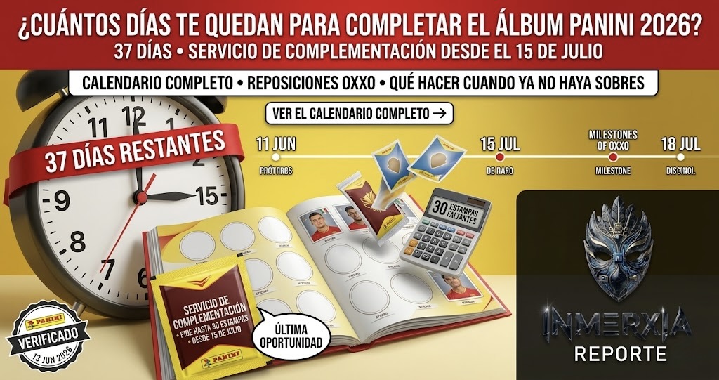Reloj de cuenta regresiva marcando 37 días, álbum Panini con páginas vacías, sobres volando, y texto sobre el servicio de complementación a partir del 15 de julio.