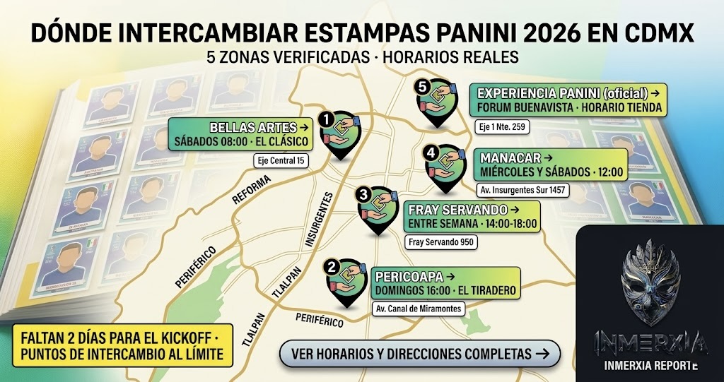 Dónde intercambiar estampas Panini Mundial 2026 en CDMX · mapa de 5 zonas