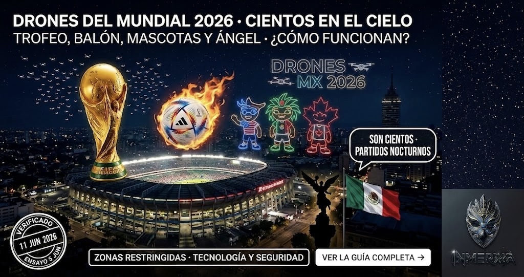 Cielo nocturno sobre el Estadio Banorte iluminado por cientos de drones que forman el trofeo de la Copa del Mundo, el balón Adidas Trionda, las mascotas Maple, Zayu y Clutch, el Ángel de la Independencia y la bandera de México. Título y subtítulo informativo sobre tecnología y restricciones.