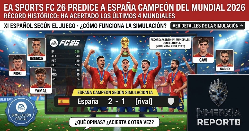 Pantalla del juego EA Sports FC 26 mostrando a la selección de España celebrando con la copa del mundo. Recuadro con récord de 4 aciertos consecutivos (2010, 2014, 2018, 2022). Letrero: "España campeón según simulación IA". Título: EA Sports predice a España campeón del Mundial 2026.