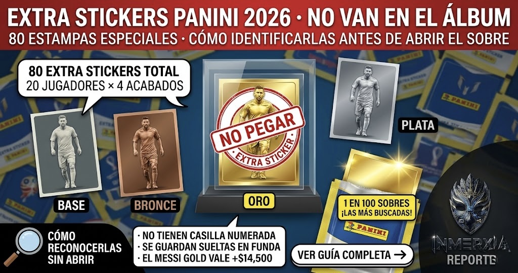 Vitrina con estampa gold de Messi destacada, etiquetada "NO PEGAR · EXTRA STICKER". Acompañada de versiones base, bronce y plata. Texto: 80 Extra Stickers, 20 jugadores × 4 acabados, 1 en 100 sobres. No tienen casilla en el álbum.