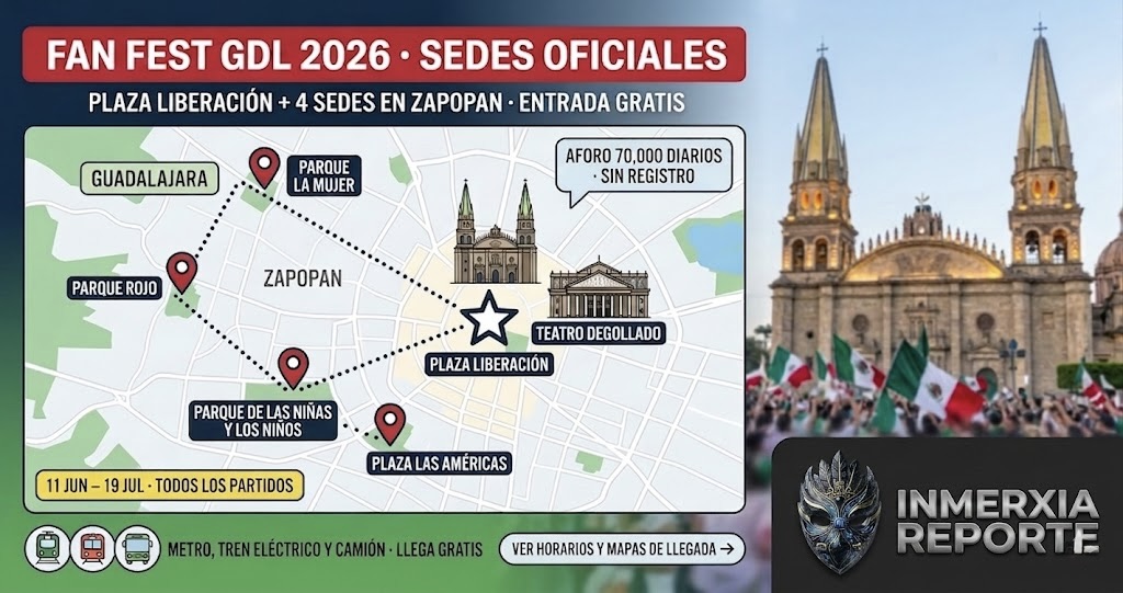 Mapa de Guadalajara y Zapopan con la sede principal del Fan Fest en Plaza Liberación y cuatro sedes alternas en Zapopan (Parque Rojo, Parque La Mujer, Parque de las Niñas y los Niños, Plaza Las Américas). Entrada gratis, aforo 70,000 personas, transporte público disponible.