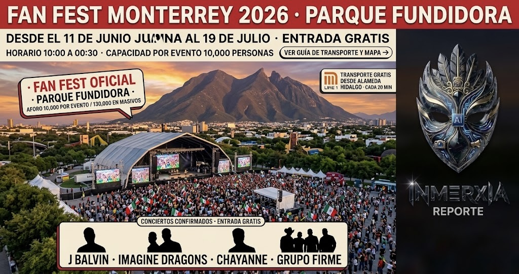 Imagen del Parque Fundidora en Monterrey, sede del Fan Fest oficial del Mundial 2026. Destaca el aforo de 10,000 personas por evento, rutas de transporte gratis desde Alameda Hidalgo, y los artistas confirmados: J Balvin, Imagine Dragons, Chayanne y Grupo Firme. Entrada gratuita.