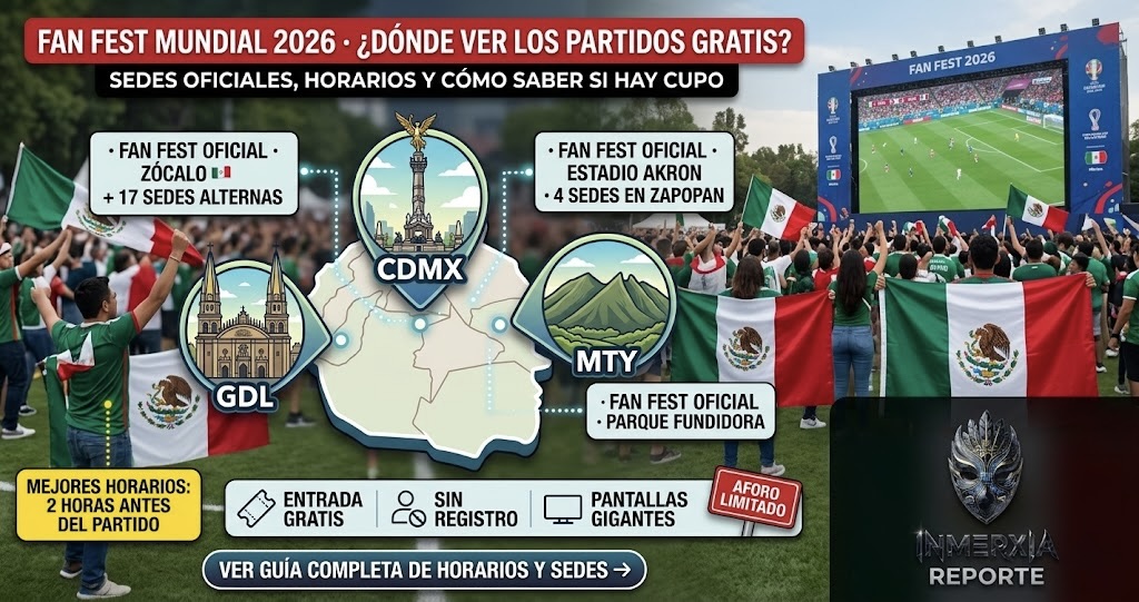 Mapa con tres burbujas: CDMX (Zócalo + 17 sedes alternas), Guadalajara (Estadio Akron + 4 en Zapopan), Monterrey (Parque Fundidora). Franja con entrada gratis, sin registro, pantallas gigantes. Título: Fan Fest Mundial 2026, ¿dónde ver los partidos gratis?