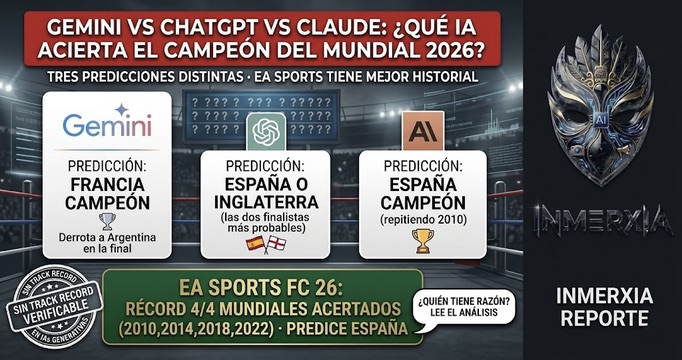 Comparativa de predicciones: Gemini (Francia campeón), ChatGPT (España o Inglaterra), Claude (España). Cuadro adicional: EA Sports FC 26 con récord 4/4 aciertos y predicción España. Título: ¿qué IA acierta mejor el campeón del Mundial 2026?