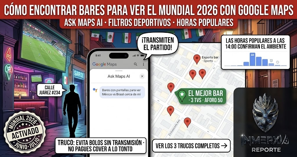 Teléfono con Google Maps mostrando búsqueda por IA de bares con pantallas para el Mundial. Persona caminando hacia un bar deportivo. Trucos: filtros y horas populares.