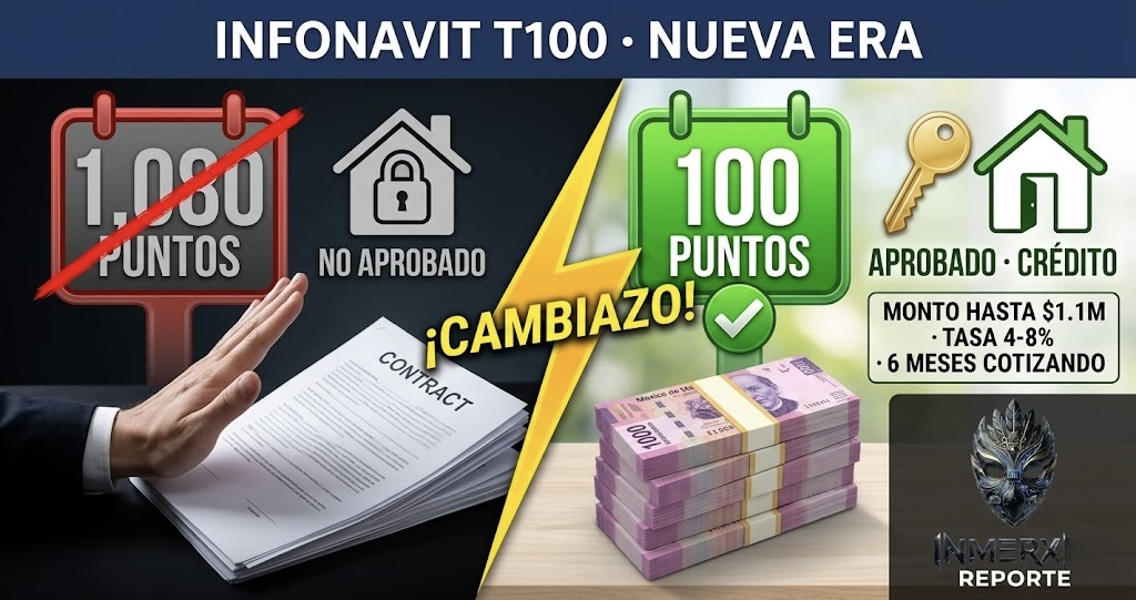 Comparativa visual del nuevo modelo T100 de Infonavit: antes 1,080 puntos (rechazado), después 100 puntos (aprobado) con crédito hasta $1.1M, tasa 4-8%, 6 meses de cotización, llave y casa abierta