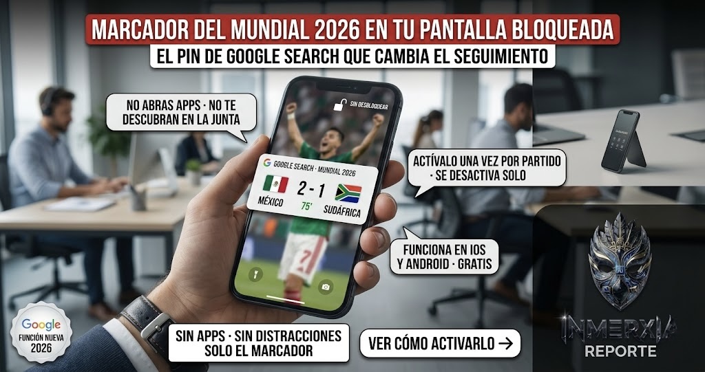 Teléfono con pantalla bloqueada mostrando un pin del marcador México vs Sudáfrica en vivo. Globos de texto destacan que funciona sin desbloquear, se activa una vez por partido y está disponible gratis en iOS y Android. Título: marcador del Mundial 2026 en tu pantalla bloqueada.