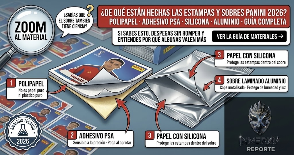 Infografía de laboratorio con estampa Panini gigante y sobre abierto, señalando cuatro materiales: polipapel (cuerpo de la estampa), adhesivo PSA (reverso), papel con silicona (interior del sobre) y sobre laminado aluminio (cubierta exterior). Explicación de por qué algunas estampas valen más.