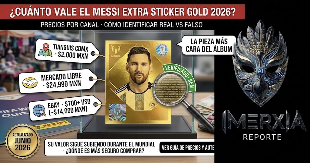 Estampa gold de Messi en vitrina con etiquetas de precios en tianguis CDMX ($2,000 MXN), Mercado Libre ($24,999 MXN) y eBay ($700+ USD). Lupa que amplía detalles de seguridad y sello de autenticidad. Título sobre el valor de la pieza más cara del álbum.