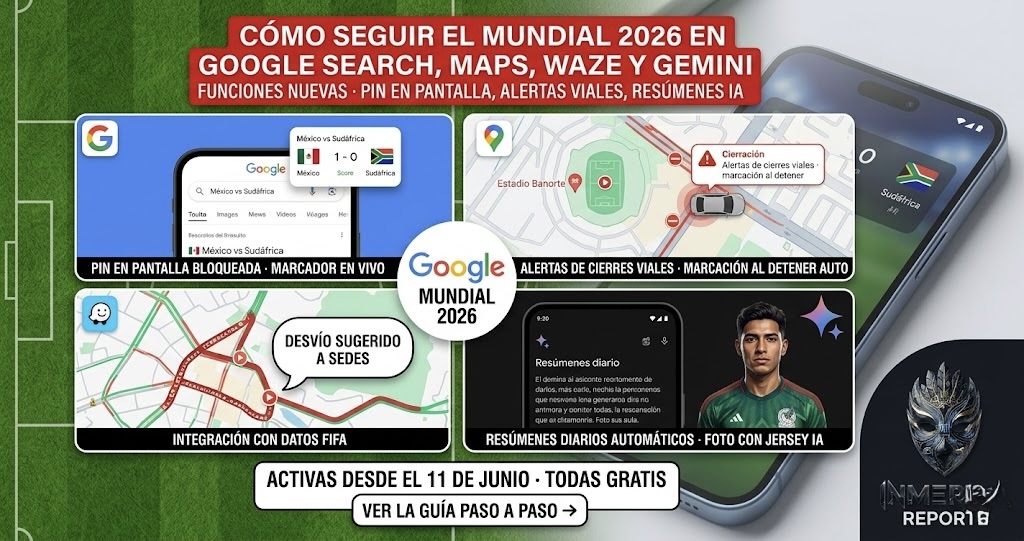Cuatro paneles con funciones de Google para el Mundial 2026: Search con pin en pantalla bloqueada, Maps con alertas viales, Waze con desvíos a sedes, Gemini con resúmenes diarios y fotos con jersey IA. Todas activas desde el 11 de junio.