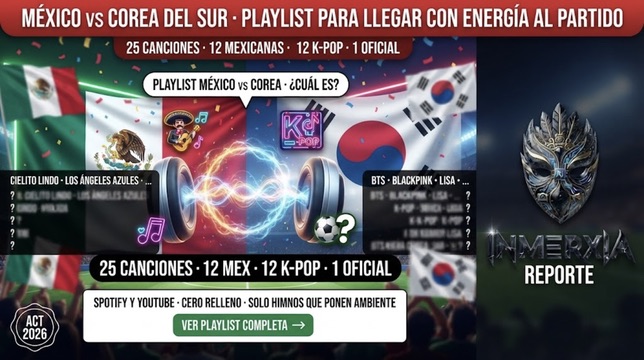 Playlist 25 canciones para México vs Corea del Sur Mundial 2026 · 12 mexicanas (Cielito Lindo, Los Ángeles Azules) + 12 K-pop (BTS, BLACKPINK, LISA) + Dai Dai oficial. Disponible en Spotify y YouTube.