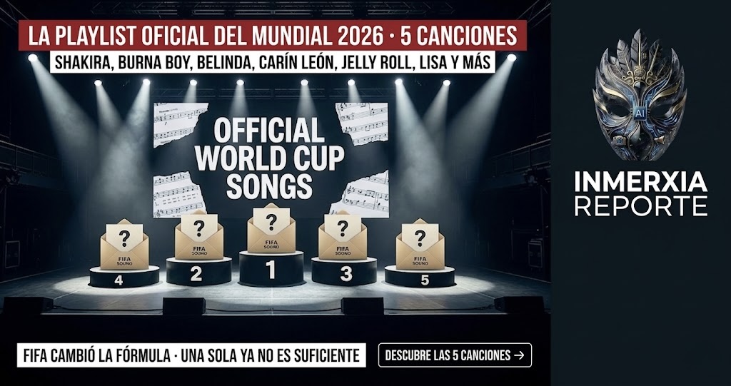 Escenario de concierto con 5 atriles misteriosos. Fondo con pantalla que anuncia las canciones oficiales del Mundial 2026 y los nombres de los artistas. Título sobre la playlist y el cambio de formato de FIFA.