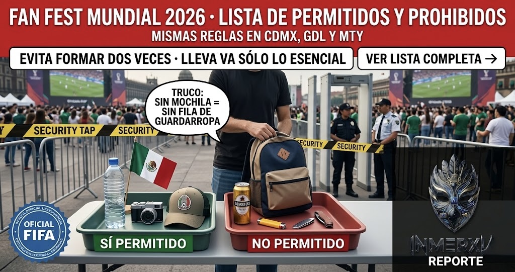 Mesa con objetos permitidos (agua sellada, bandera, cámara pequeña) y prohibidos (mochila, cerveza, navaja) en acceso a Fan Fest. Título: "Fan Fest Mundial 2026 · Lista de permitidos y prohibidos". Truco: sin mochila evitas fila de guardarropa.