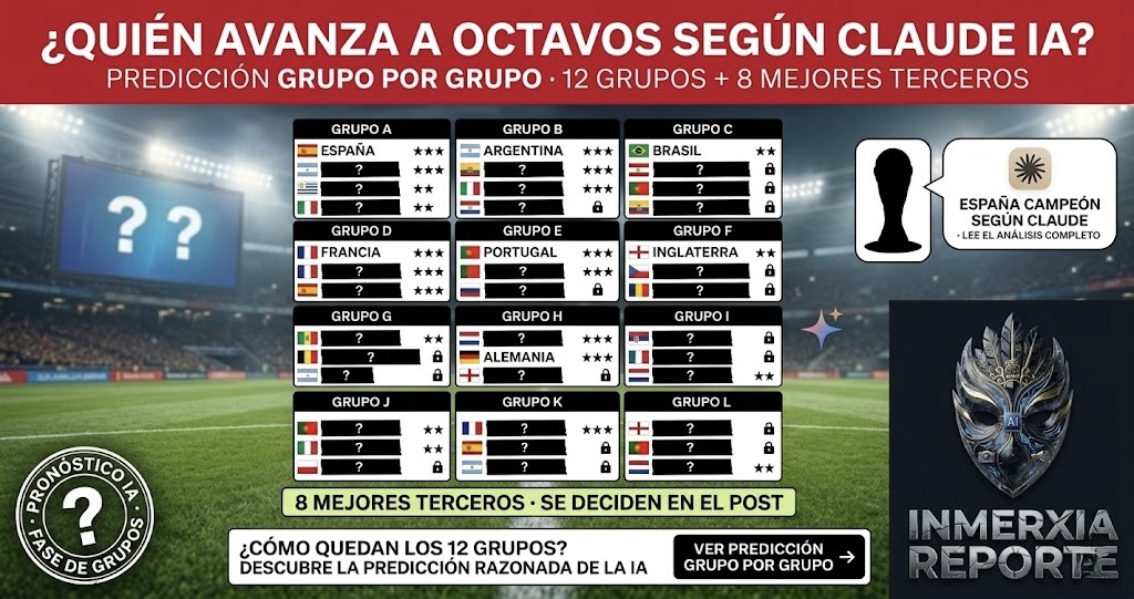 Tabla de los 12 grupos del Mundial 2026 con predicción de Claude IA. Solo se muestran claramente los nombres de España, Argentina, Brasil, Francia, Portugal, Alemania e Inglaterra. El resto de equipos y resultados están ocultos con signos de interrogación. Título: "¿Quién avanza a octavos según Claude IA?" Invita a leer el análisis completo dentro del post.