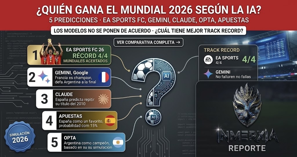 Comparativa de 5 modelos IA: EA Sports FC 26 (España, récord 4/4), Gemini (Francia vs Argentina), Claude (España), casas de apuestas (15% a España), Opta (Argentina). Título: ¿Quién gana el Mundial 2026 según la IA? Muestra desacuerdo y track record.