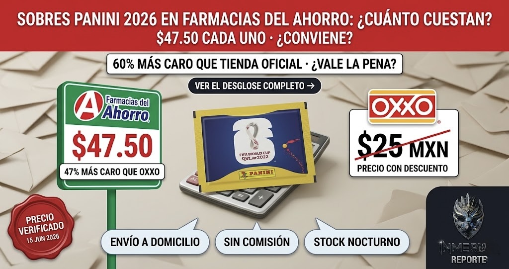 Sobre Panini del Mundial 2026 con precios comparativos: $47.50 en Farmacias del Ahorro vs $25 en OXXO. Globos de texto destacan envío a domicilio, sin comisión y stock nocturno. Título: Sobres Panini 2026 en Farmacias del Ahorro: ¿cuánto cuestan?
