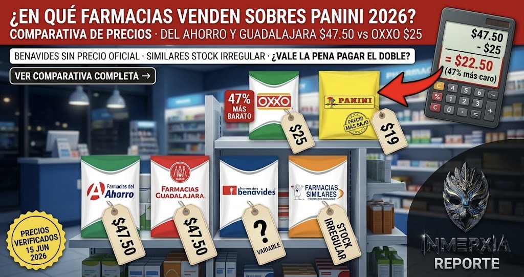 Anaquel de farmacia con sobres Panini de Farmacias del Ahorro y Guadalajara a $47.50, Benavides con precio variable, Farmacias Similares con stock irregular. Comparativa con OXXO ($25) y tienda oficial Panini ($19). Título invita a descubrir dónde conviene comprar.