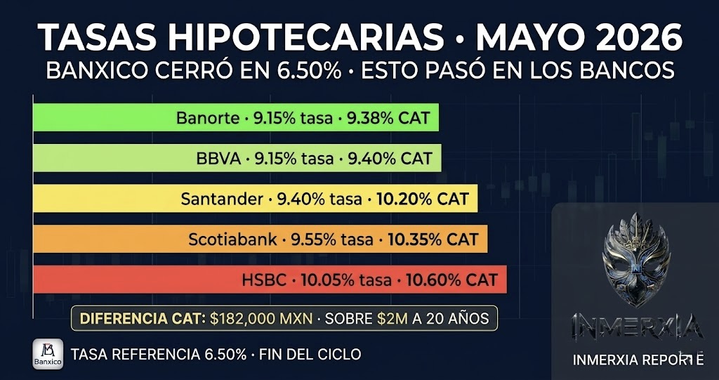 Ranking de CAT hipotecario mayo 2026: Banorte 9.38%, BBVA 9.40%, Santander 10.20%, Scotiabank 10.35%, HSBC 10.60%; gráfico de barras comparativo con diferencia destacada de $182,000 MXN en 20 años; recuadro de Banxico tasa referencia 6.50% fin del ciclo