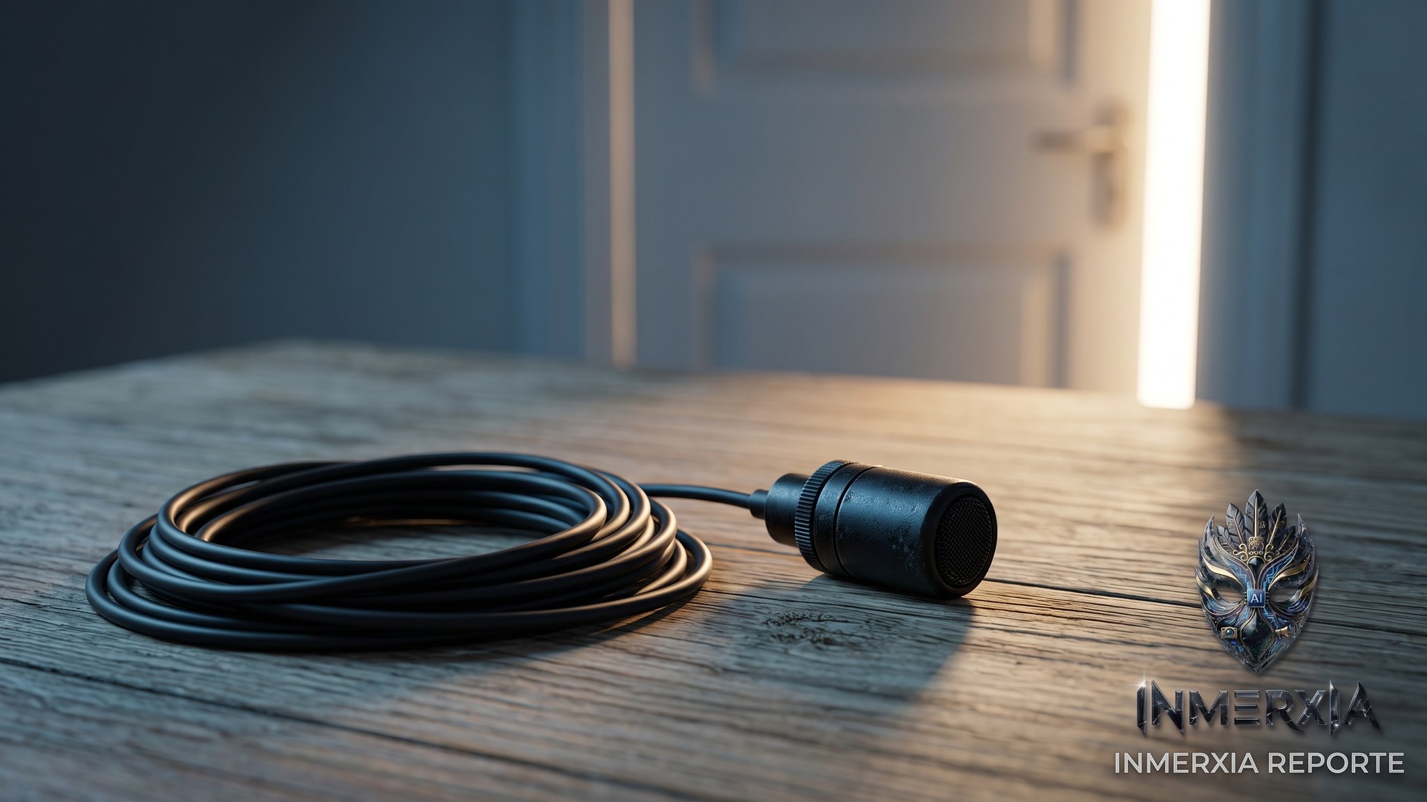 Micrófono de solapa con el cable enrollado sobre una mesa de madera junto a una puerta entreabierta con luz de día