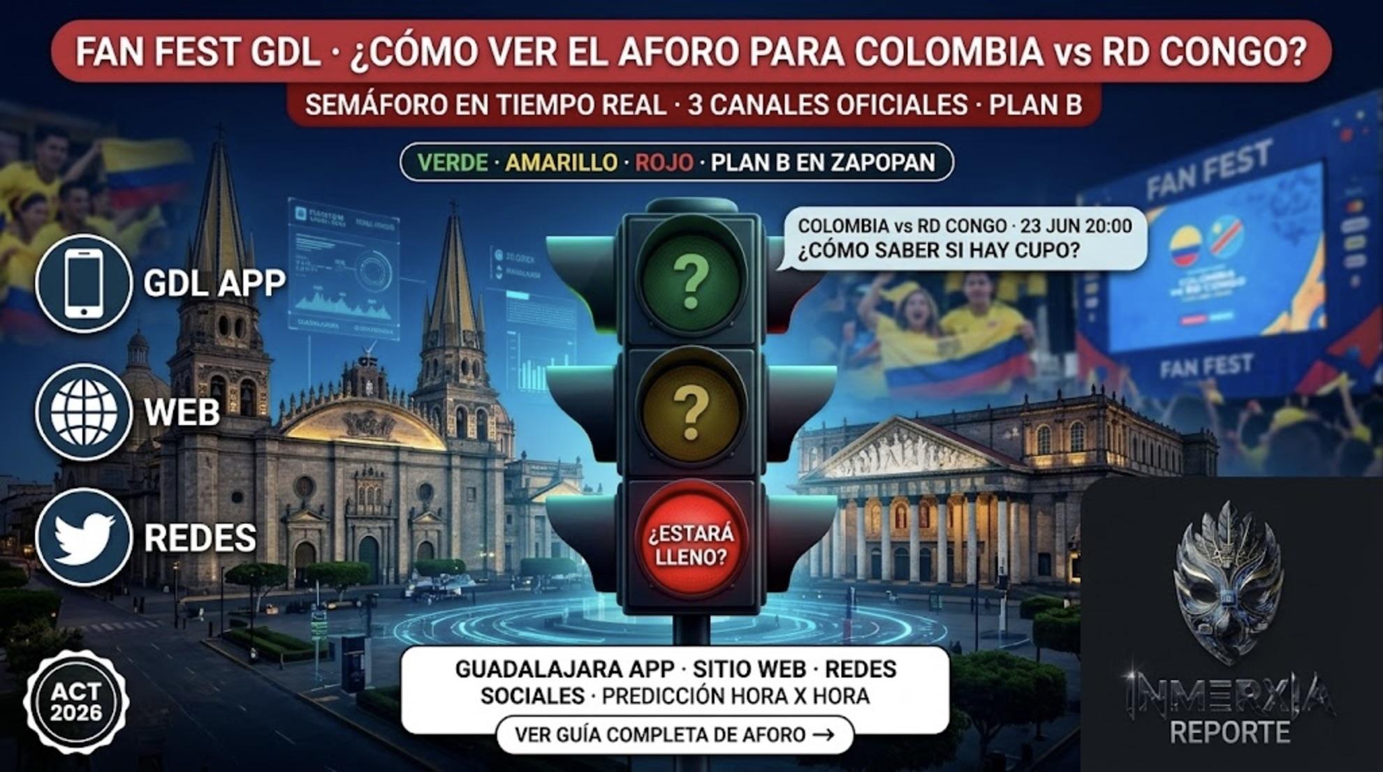 Semáforo de aforo del Fan Fest Guadalajara para Colombia vs RD Congo. 3 canales: GDL App, web y redes sociales. Plan B en Zapopan.