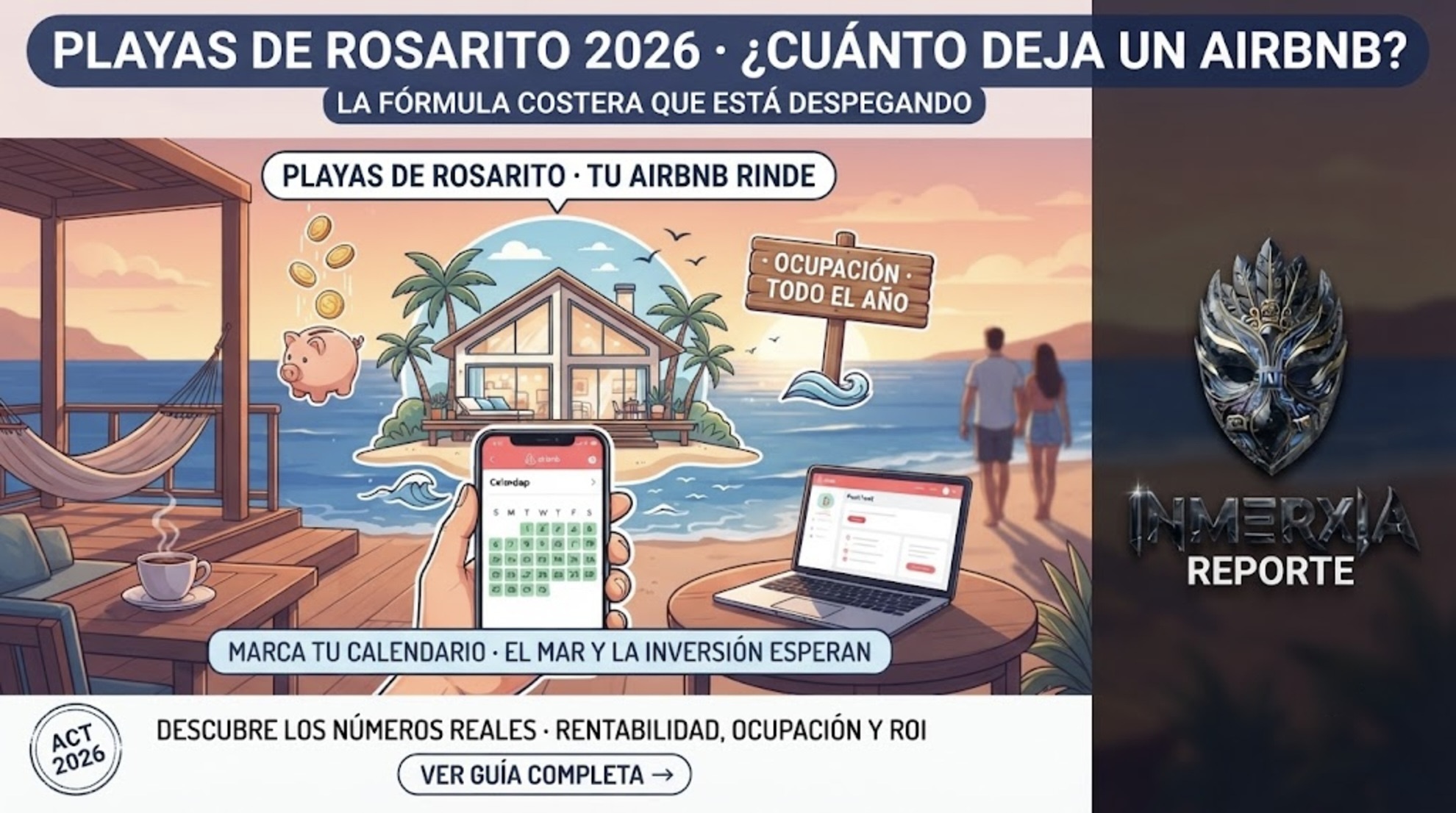 Casa de playa en Rosarito con vista al mar, teléfono mostrando Airbnb con reservas, monedas cayendo y atardecer. Inversión costera y rentabilidad en Playas de Rosarito.