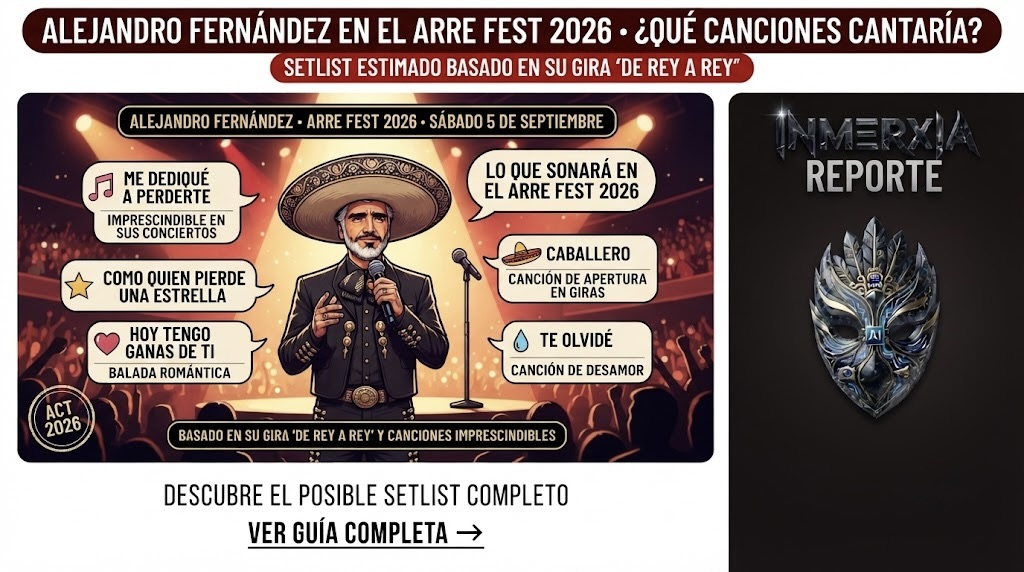 Setlist estimado de Alejandro Fernández en el Arre Fest 2026 basado en su gira 'De Rey a Rey': Me dediqué a perderte, Como quien pierde una estrella, Hoy tengo ganas de ti, Caballero y Te olvidé.