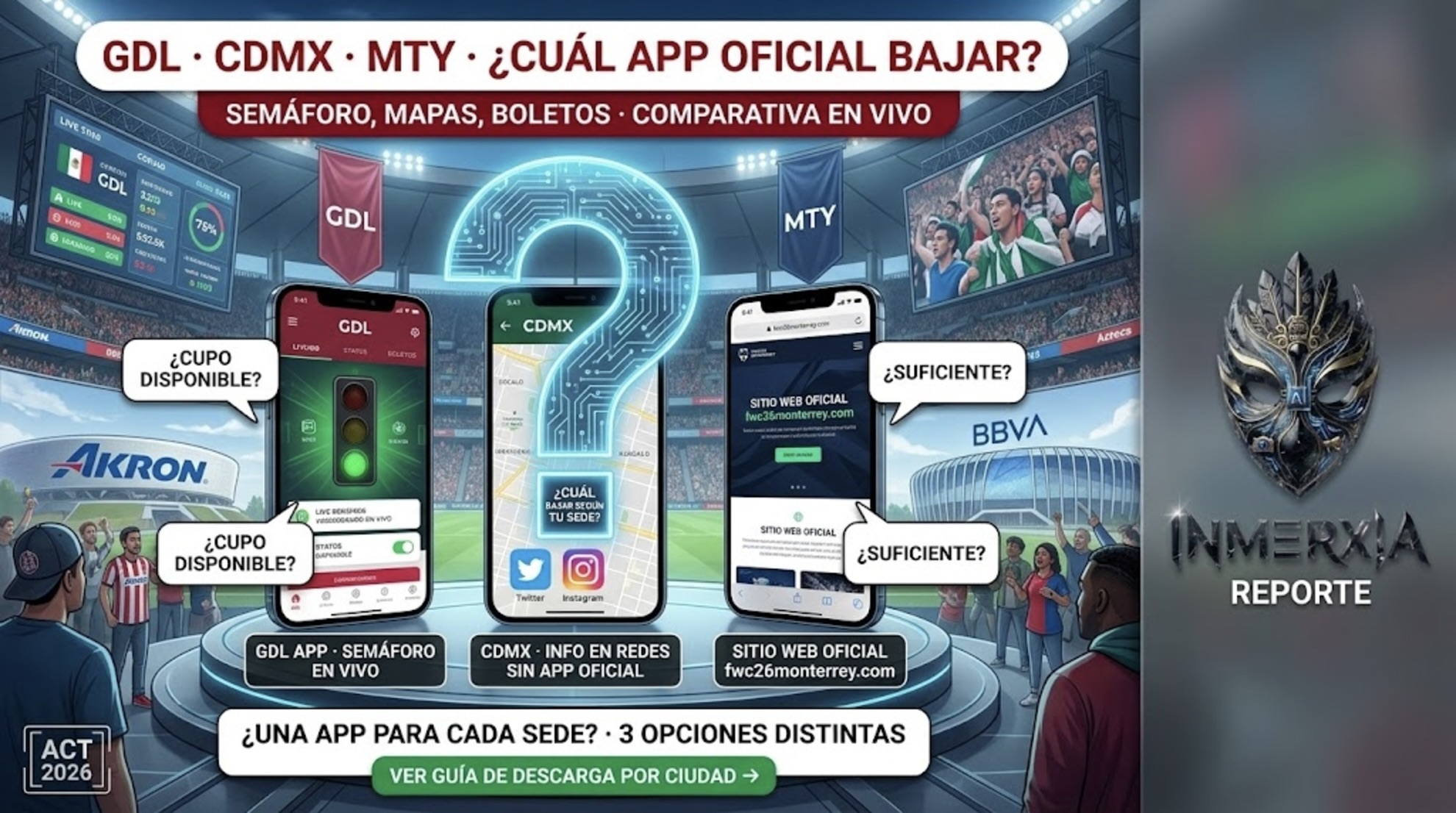 Comparativa de apps oficiales del Mundial 2026: GDL (semáforo en vivo), CDMX (redes), MTY (sitio web). Tres teléfonos con sus respectivas apps.