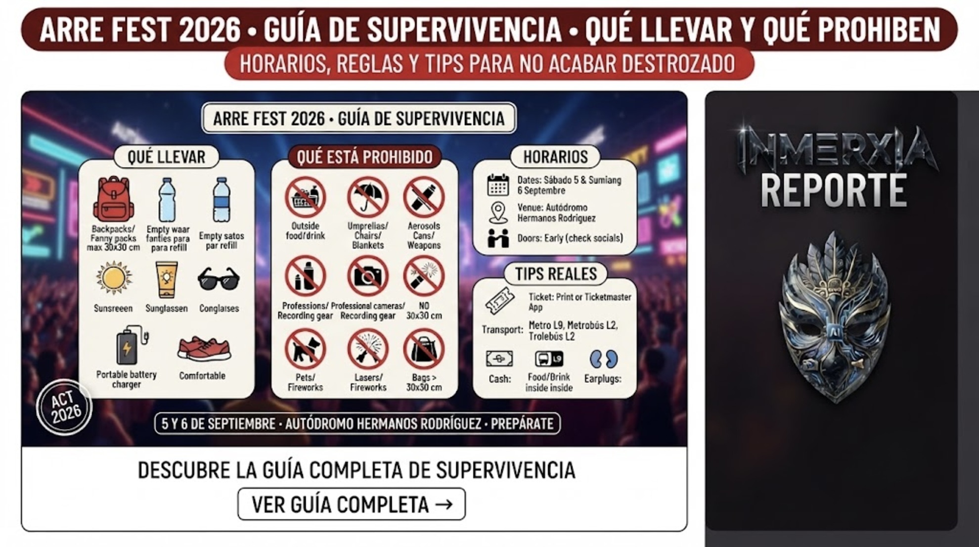 Guía de supervivencia Arre Fest 2026: qué llevar, qué está prohibido y tips para sobrevivir dos días en el Autódromo Hermanos Rodríguez. 5 y 6 de septiembre.