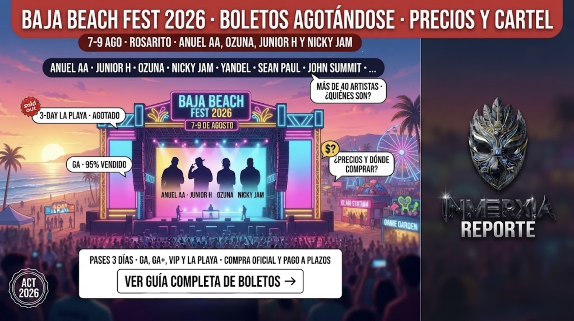 Baja Beach Fest 2026 en Rosarito con Anuel AA, Junior H, Ozuna y Nicky Jam. Boletos 3-Day La Playa agotados, GA 95% vendido. Precios desde $359 USD.