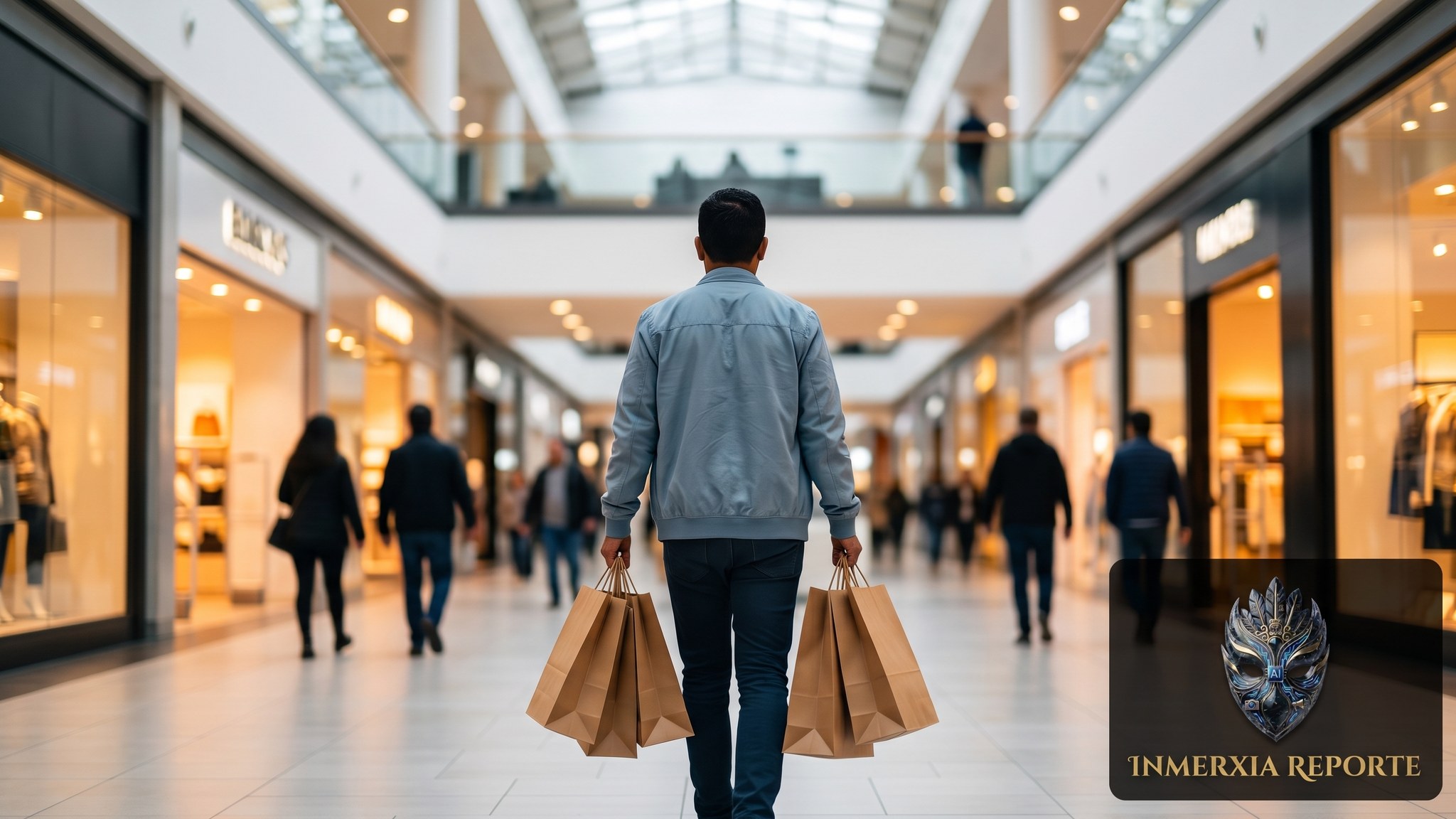 Comprador camina por un centro comercial mexicano cargando bolsas durante la temporada de descuentos.