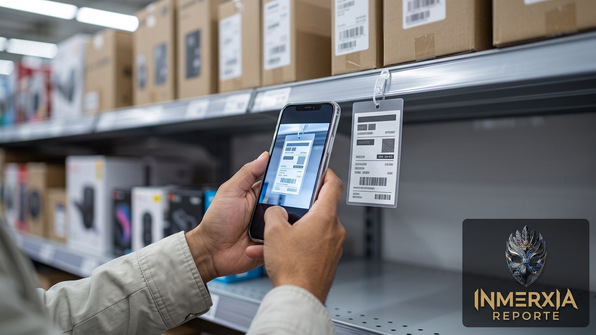 Comprador verifica en el celular el precio anterior de un producto frente a la etiqueta del anaquel.