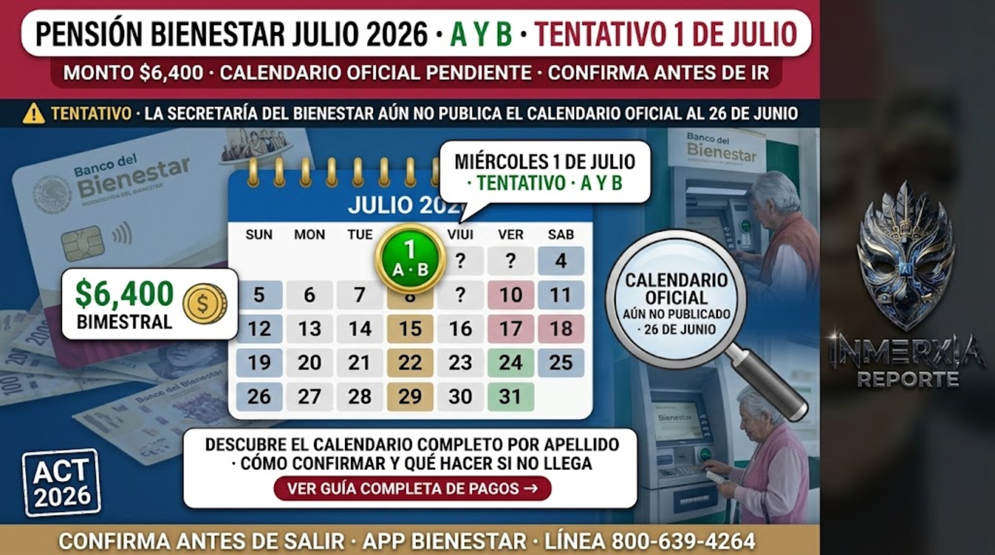 alendario tentativo Pensión Bienestar julio 2026: apellidos A y B el miércoles 1 de julio. Monto $6,400 bimestral. Calendario oficial aún no publicado al 26 de junio.