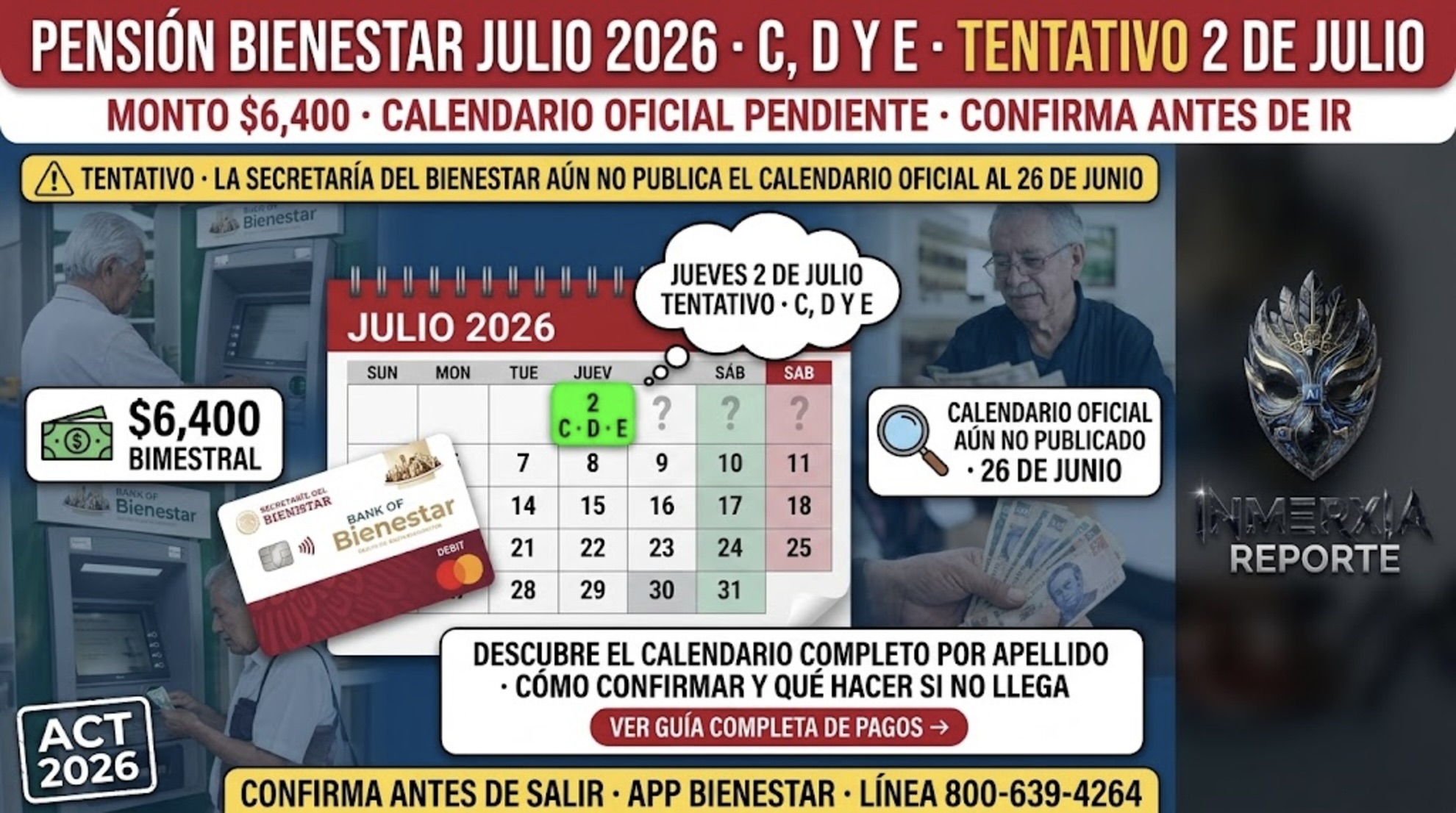 Calendario tentativo Pensión Bienestar julio 2026: apellidos C, D y E el jueves 2 de julio. Monto $6,400 bimestral. Calendario oficial aún no publicado al 26 de junio.