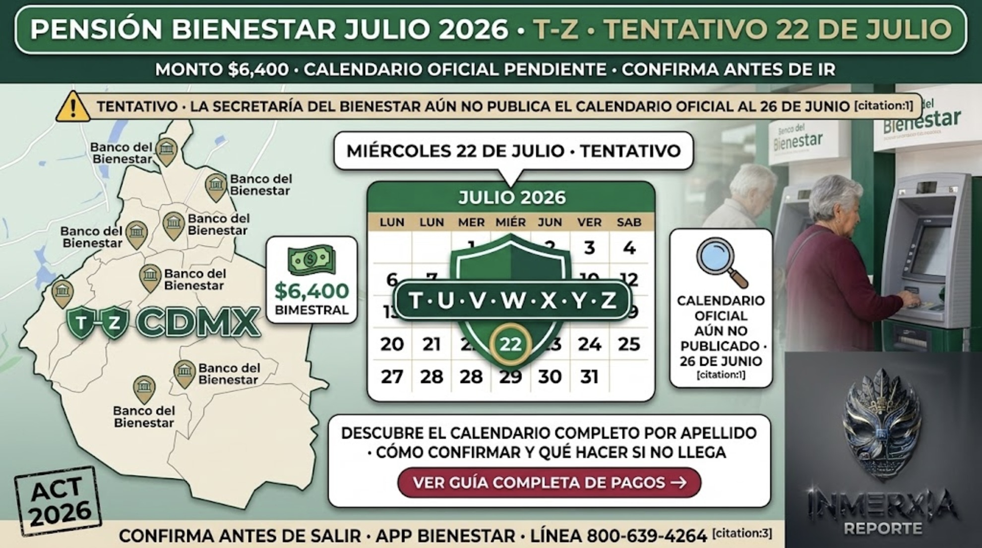Calendario tentativo Pensión Bienestar julio 2026: apellidos T, U, V, W, X, Y y Z el miércoles 22 de julio. Monto $6,400 bimestral. Distintivo visual: color verde y recuadro círculo.