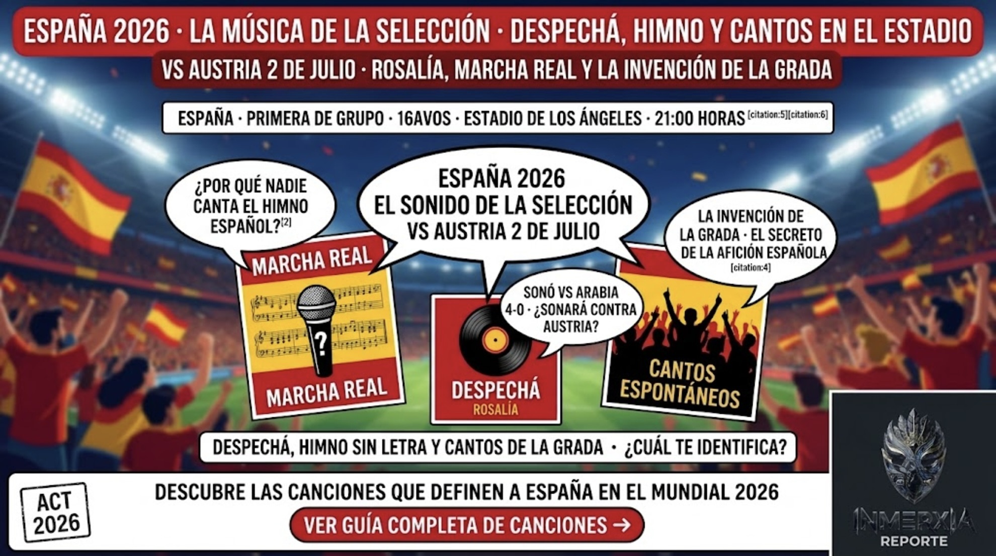España 2026: Marcha Real sin letra, Despechá de Rosalía sonó vs Arabia 4-0, y cantos espontáneos de la grada. 16avos vs Austria 2 de julio en Los Ángeles.