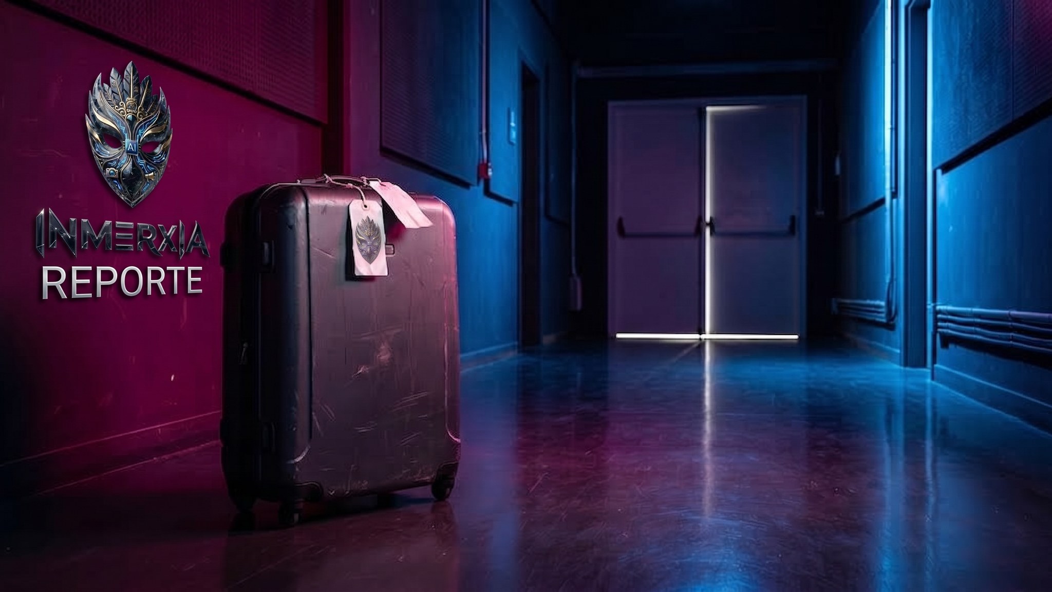 Maleta de viaje rígida con una etiqueta colgando, parada en un pasillo de foro iluminado en magenta y azul, con una puerta cerrada al fondo